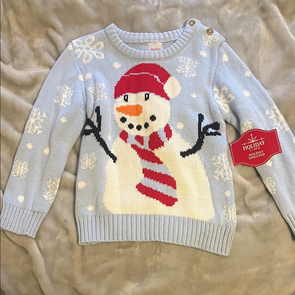 Holiday Time Light Blue Snowman Sweater with Red Accents
